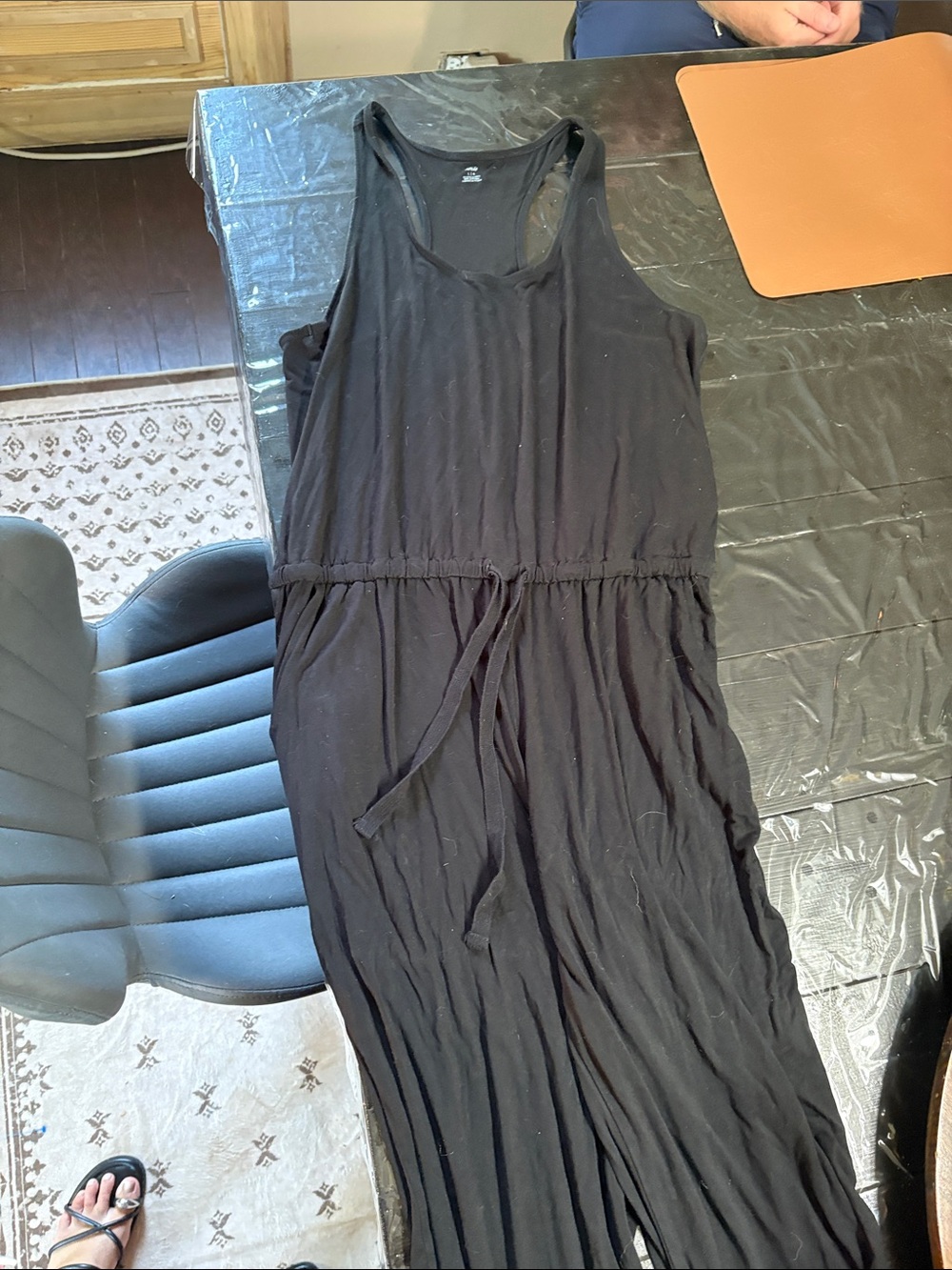 aerie Black Sleeveless Drawstring-Waist Wide-Leg Jumpsuit